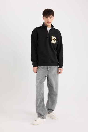 Regular Fit Dik Yaka Fermuarlı Baskılı Sweatshirt