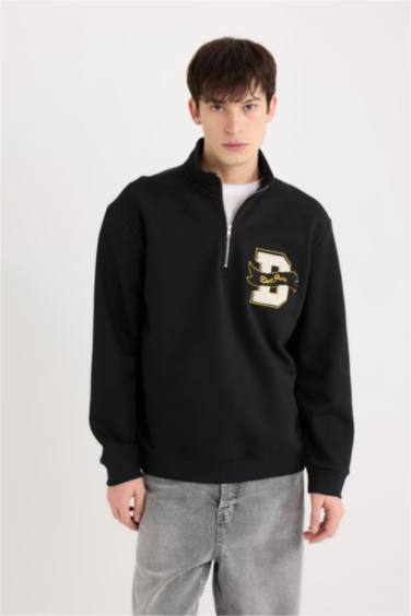 Regular Fit Dik Yaka Fermuarlı Baskılı Sweatshirt