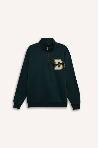 Regular Fit Dik Yaka Fermuarlı Baskılı Sweatshirt