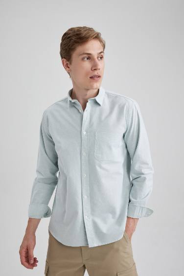 Regular Fit Oxford Cepli Basic Düz Uzun Kollu Gömlek