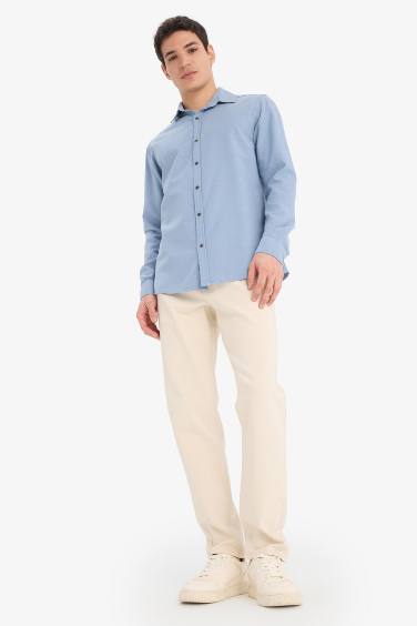 Slim Fit Dar Kesim Pamuklu Basic Düz Uzun Kollu Gömlek