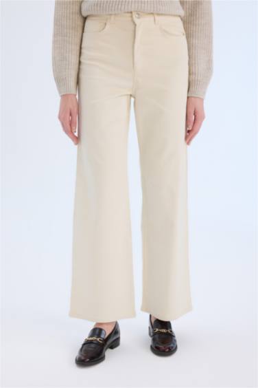 Fitilli Kadife Pantolon Wide Leg Yüksek Bel Geniş Bol Paça Basic Düz Cepli