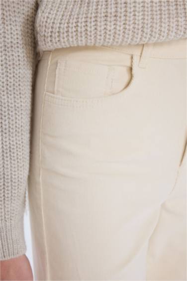 Fitilli Kadife Pantolon Wide Leg Yüksek Bel Geniş Bol Paça Basic Düz Cepli