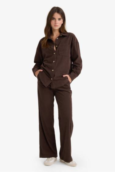 Straight Fit High Waist Wide Leg Corduroy Trousers