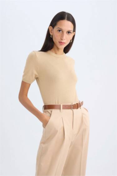 بلوفر تريكو نص كم سليم فيت برقبة مستديرة