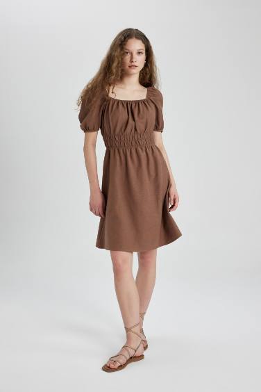 Square Collar Linen Mini Dress
