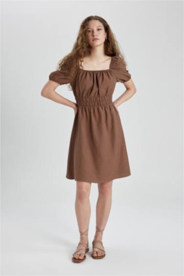 Square Collar Linen Mini Dress