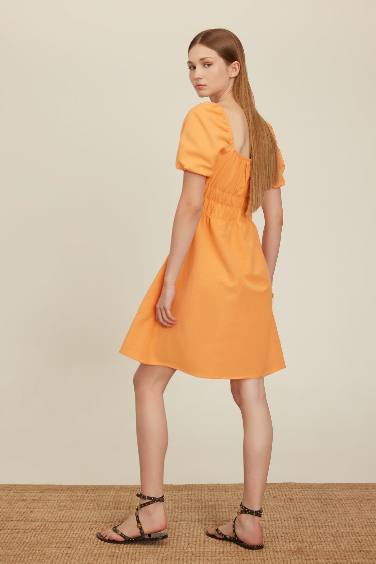 Square Neck Linen Short Sleeve Mini Dress