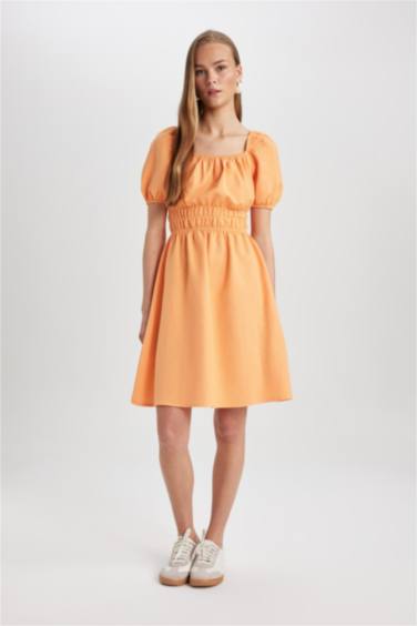 Square Neck Linen Short Sleeve Mini Dress