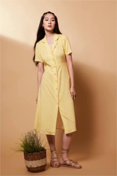 A-Line Shirt Collar Floral Midi Short Sleeve Dress