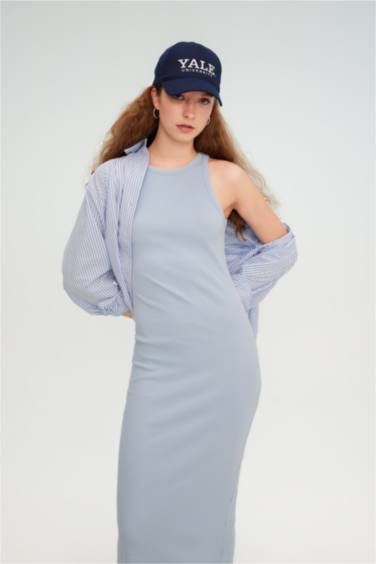 Bodycon Halter Yaka Fitilli Kaşkorse Maxi Kolsuz Elbise