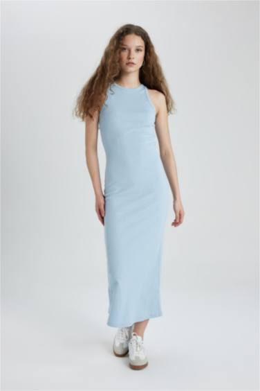 Bodycon Halter Yaka Fitilli Kaşkorse Maxi Kolsuz Elbise