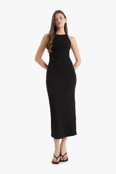 Bodycon Vücudu Saran Halter Yaka Basic Düz Fitilli Kaşkorse Kolsuz Maxi Siyah Elbise