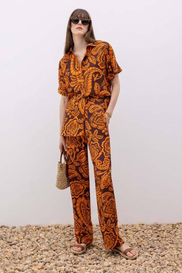 Straight Fit High Waist Flared Long Trousers