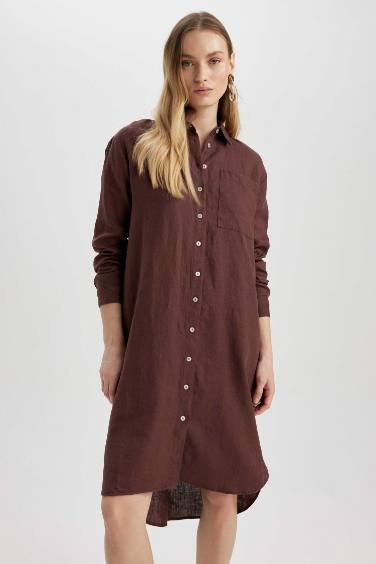 Shirt Collar Linen Midi Long Sleeve Dress