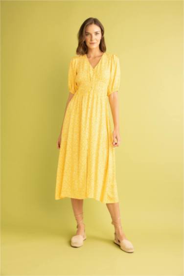 فستان ميدي بأكمام بالون وياقة V