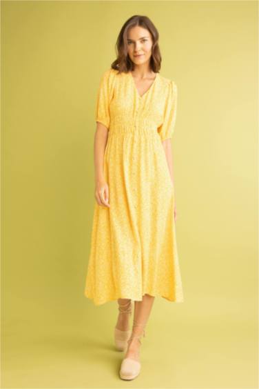 فستان ميدي بأكمام بالون وياقة V