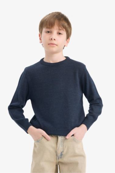 بلوفر اولادي تريكو قصة عادية برقبة مستديرة ميلانج كحلي