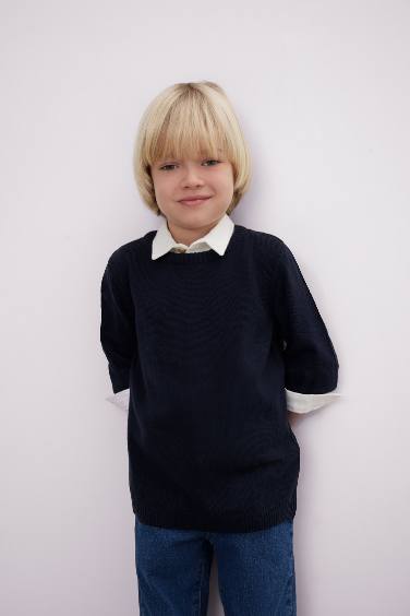 Baby Boy Dark Blue Crew Neck Basic Pullover