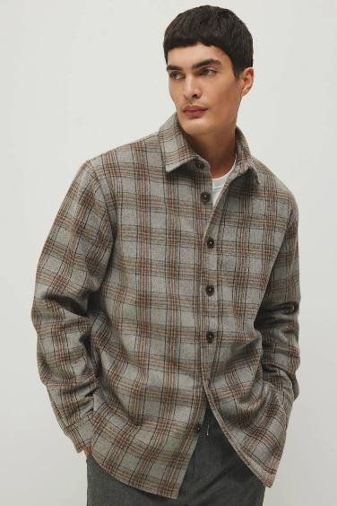 Relax Fit Polo Collar Thick Fabric Checked Shirt Jacket