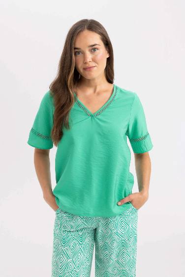 Regular Fit V-Neck Short Sleeve Blouse