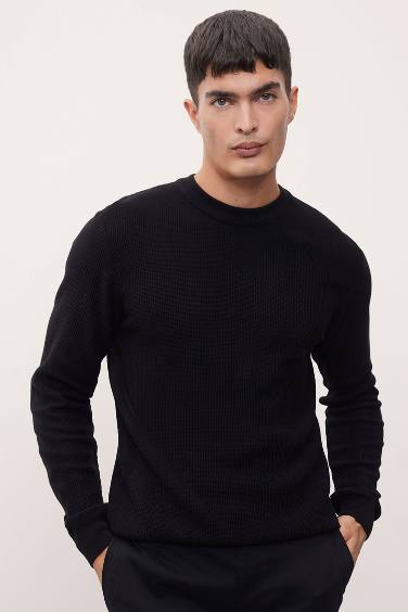 Black Standard Fit Cotton Crew Neck Knitted Pullover