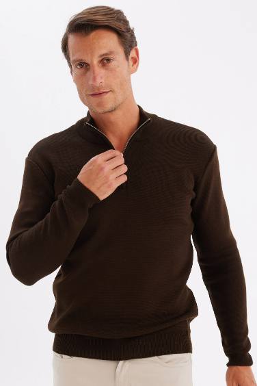 Standard Fit Bato Collar Zippered Basic Knitwear Pullover