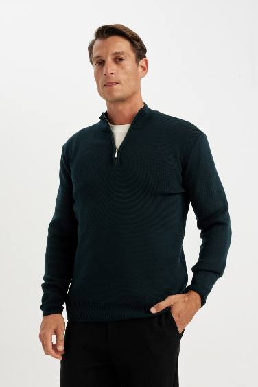 Standard Fit Bato Collar Zippered Basic Knitwear Pullover