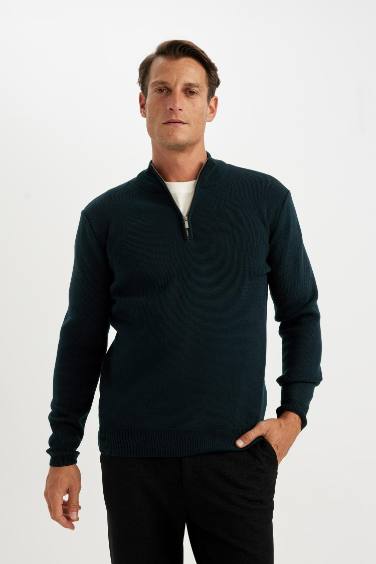 Standard Fit Bato Collar Zippered Basic Knitwear Pullover