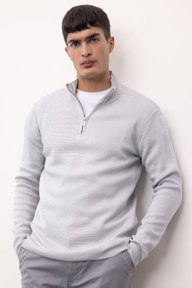 Standard Fit Bato Collar Zippered Basic Knitwear Pullover