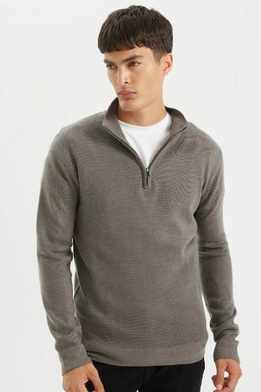 Standard Fit Bato Collar Zippered Basic Knitwear Pullover