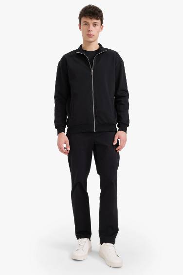Comfort Regular Fit Rahat Kalıp Dik Yaka Cepli Basic Düz Fermuarlı Sweatshirt