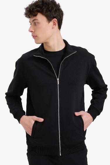 Comfort Regular Fit Rahat Kalıp Dik Yaka Cepli Basic Düz Fermuarlı Sweatshirt