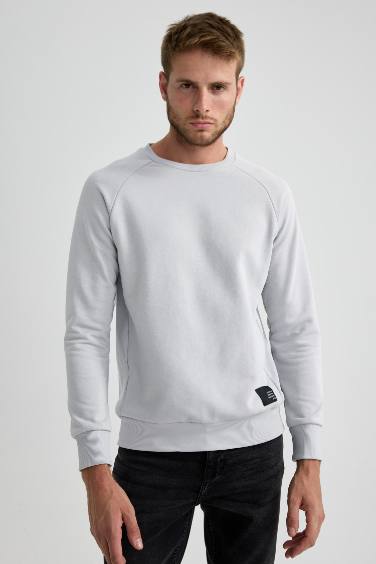 Grey Regular Fit Crew Neck Woven Label Basic Sweatshirt