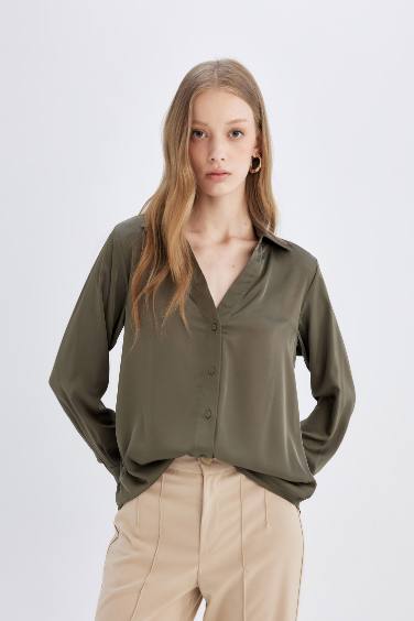 Regular Fit V Neck Satin Shirt