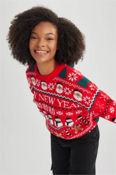 Christmas Themed Crew Neck Knit Pullover
