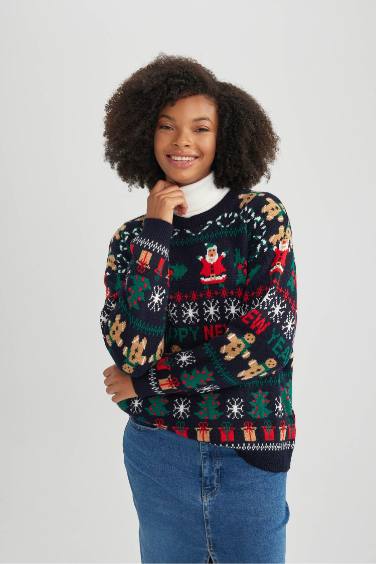 بلوفر تريكو قصة عادية بطبعة كريسماس كحلي