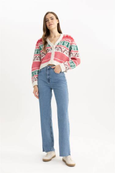 Christmas Themed V Neck Buttoned Knit Cardigan