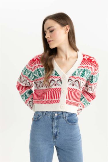 Christmas Themed V Neck Buttoned Knit Cardigan