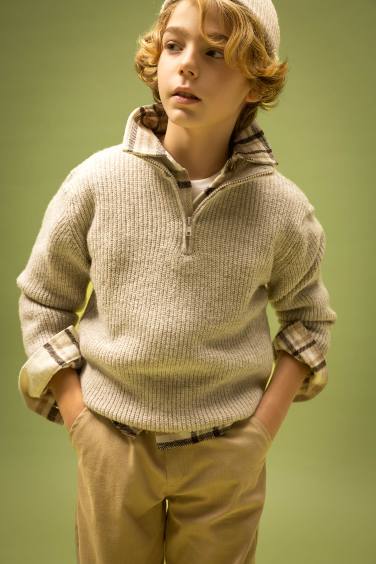 Boy Stand Collar Half Zipper Knitted Pullover