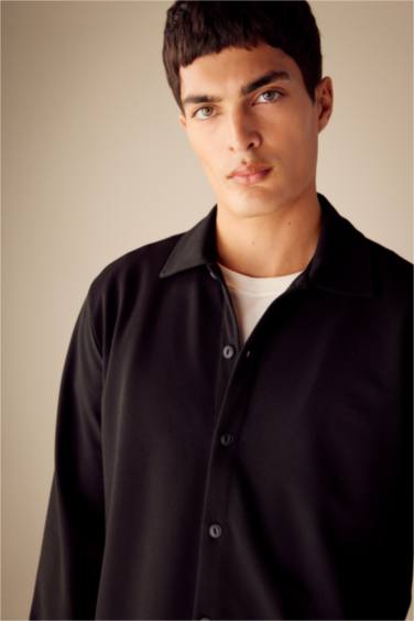 Regular Fit Polo Collar Cotton Basic Long Sleeve Shirt