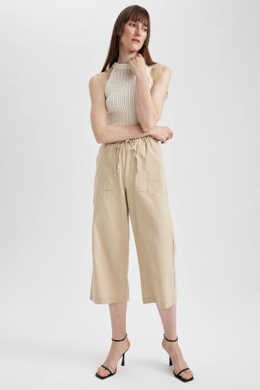 Wide Leg High Waist Linen Blend Capri