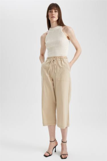 Wide Leg High Waist Linen Blend Capri