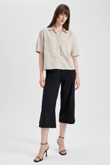 Wide Leg High Waist Linen Blend Capri