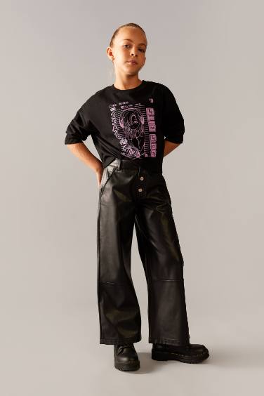 Girl Wide Leg Wide Leg Faux Leather Trousers