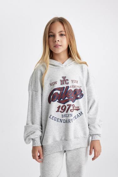 Kız Çocuk Oversize Geniş Kalıp Kapüşonlu Baskılı Sweatshirt