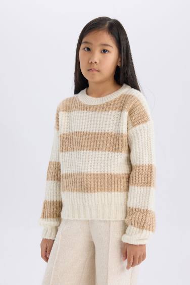 Girl Striped Regular Fit Crew Neck Knitted Pullover