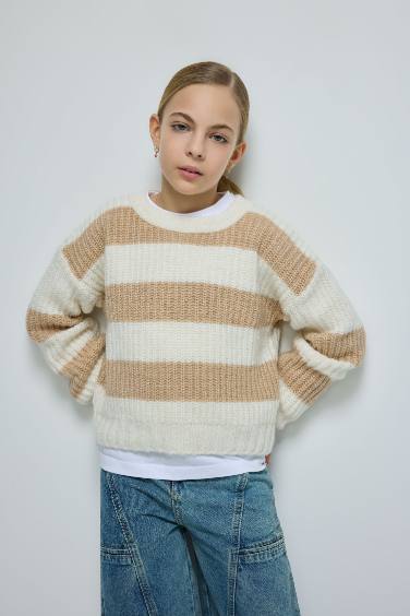 Girl Striped Regular Fit Crew Neck Knitted Pullover