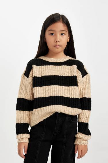 Girl Black Striped Regular Fit Knitwear Pullover