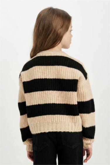 Girl Black Striped Regular Fit Knitwear Pullover